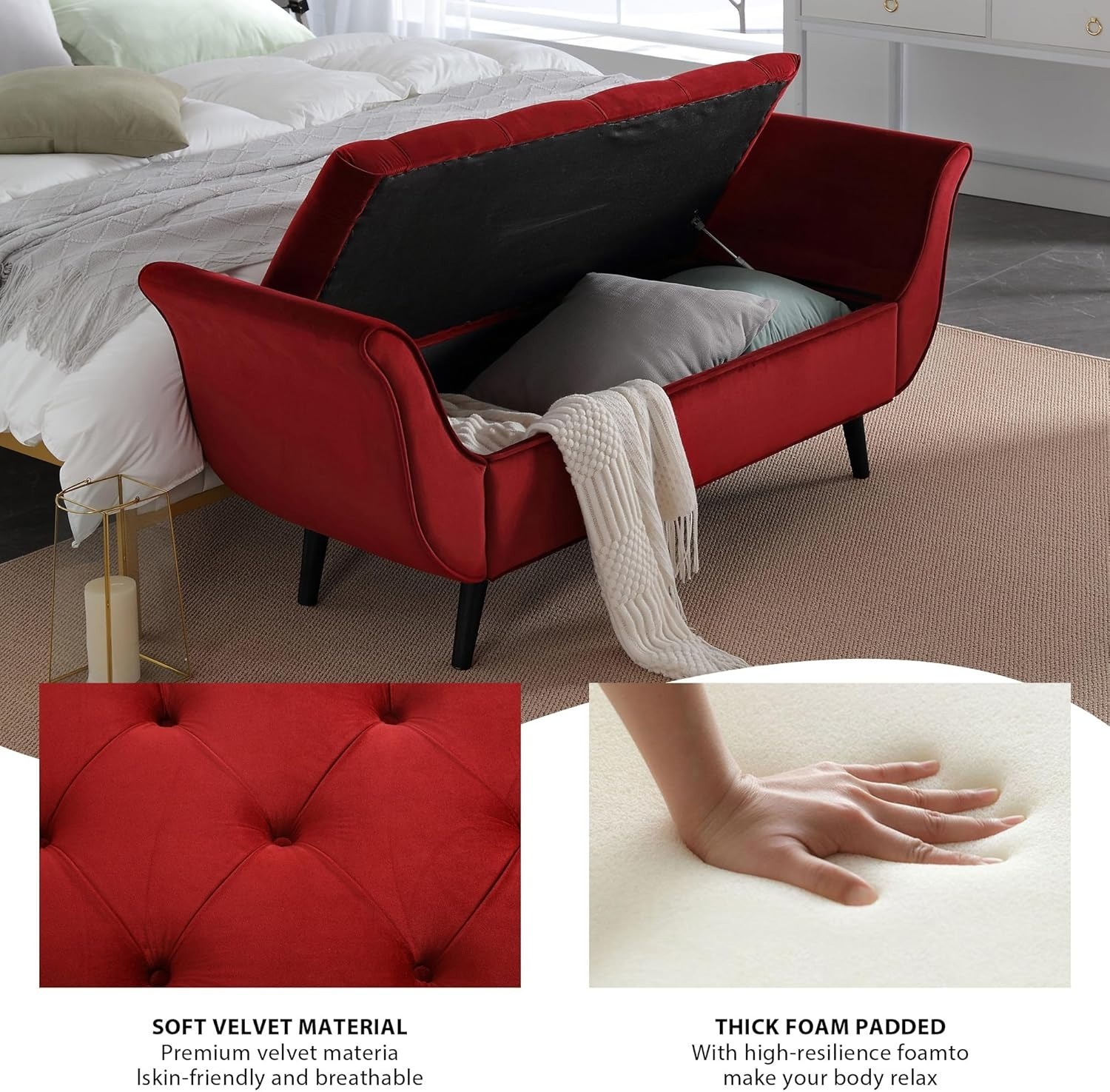 Storage Bench for Bedroom, 65" Velvet End of Bed Bench Button-Tufted Upholstered Storage Ottoman Armed Long Bench Solid Wood Legs 2 Pillows for Entryway Living Room Dining Room
