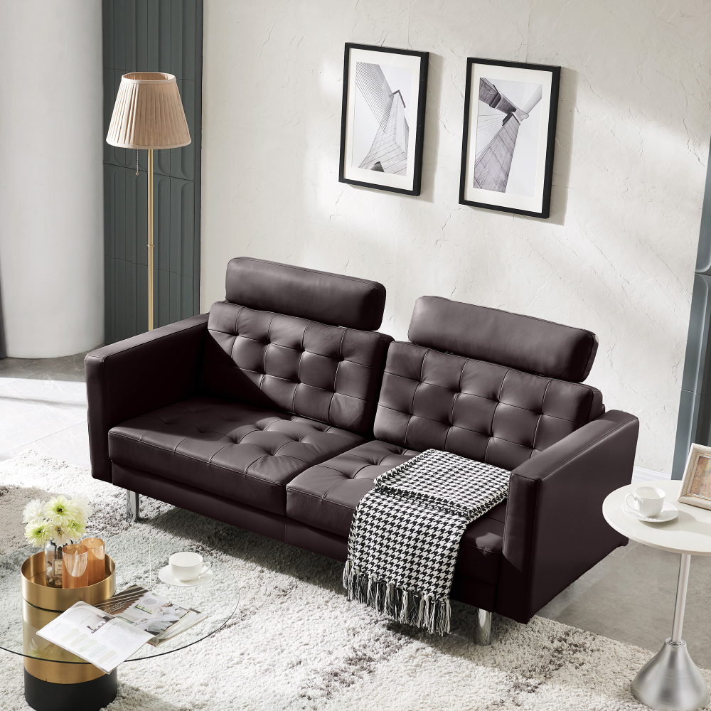 72'' Top Grain Genuine Sofa Couch, Upholstered Leather loveseat Sofas Modern Leather Couch Tufted Sofa with Metal Legs & Wide Backrest, Two Seater Couch for Bedroom,Apartment (Beige)