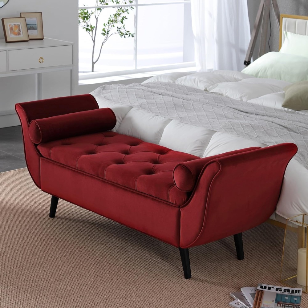 Storage Bench for Bedroom, 65" Velvet End of Bed Bench Button-Tufted Upholstered Storage Ottoman Armed Long Bench Solid Wood Legs 2 Pillows for Entryway Living Room Dining Room