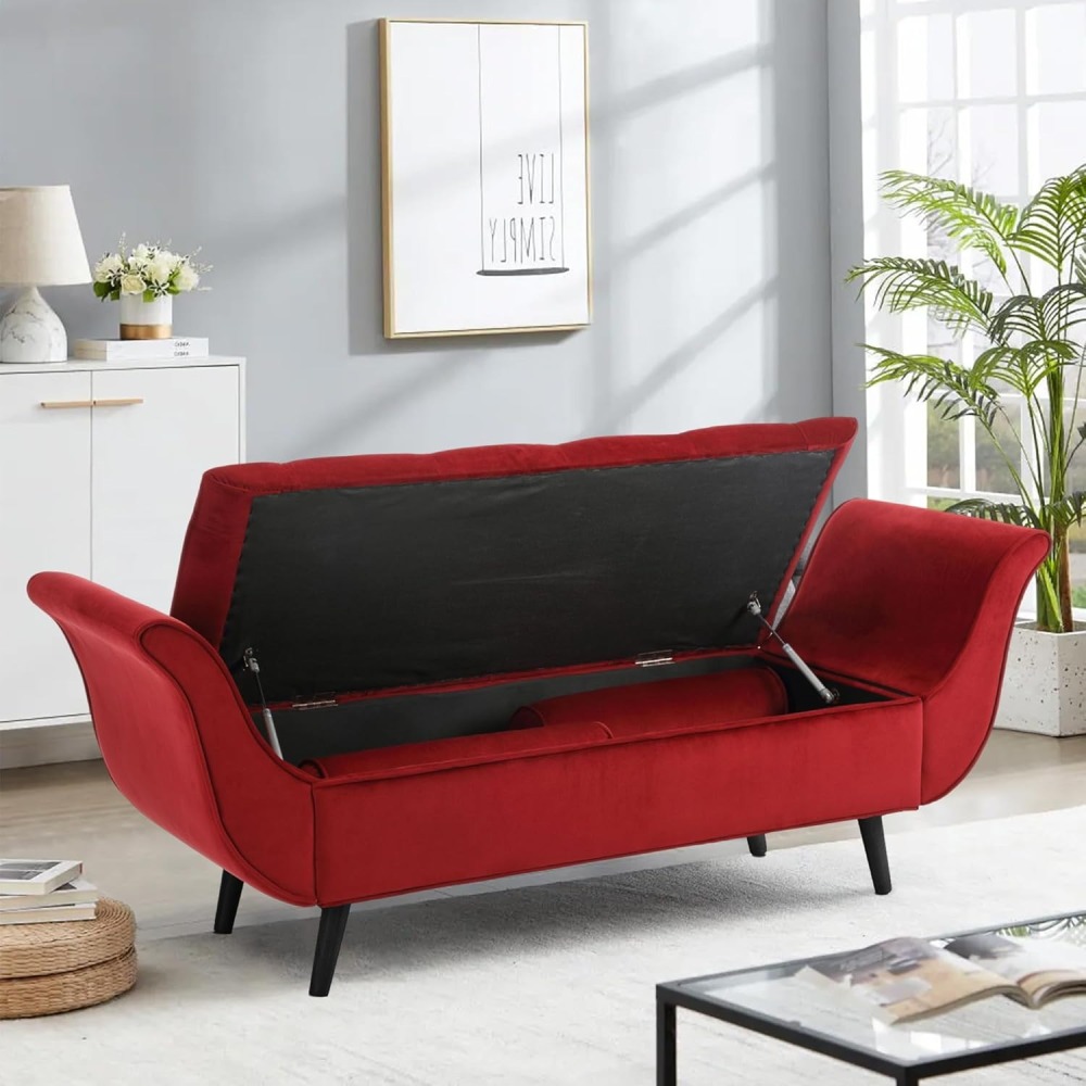 Storage Bench for Bedroom, 65" Velvet End of Bed Bench Button-Tufted Upholstered Storage Ottoman Armed Long Bench Solid Wood Legs 2 Pillows for Entryway Living Room Dining Room