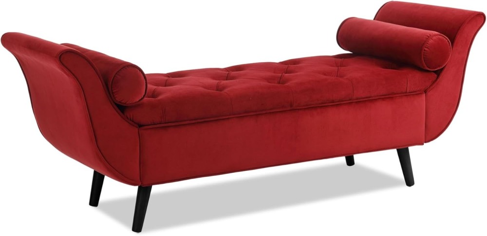 Storage Bench for Bedroom, 65" Velvet End of Bed Bench Button-Tufted Upholstered Storage Ottoman Armed Long Bench Solid Wood Legs 2 Pillows for Entryway Living Room Dining Room