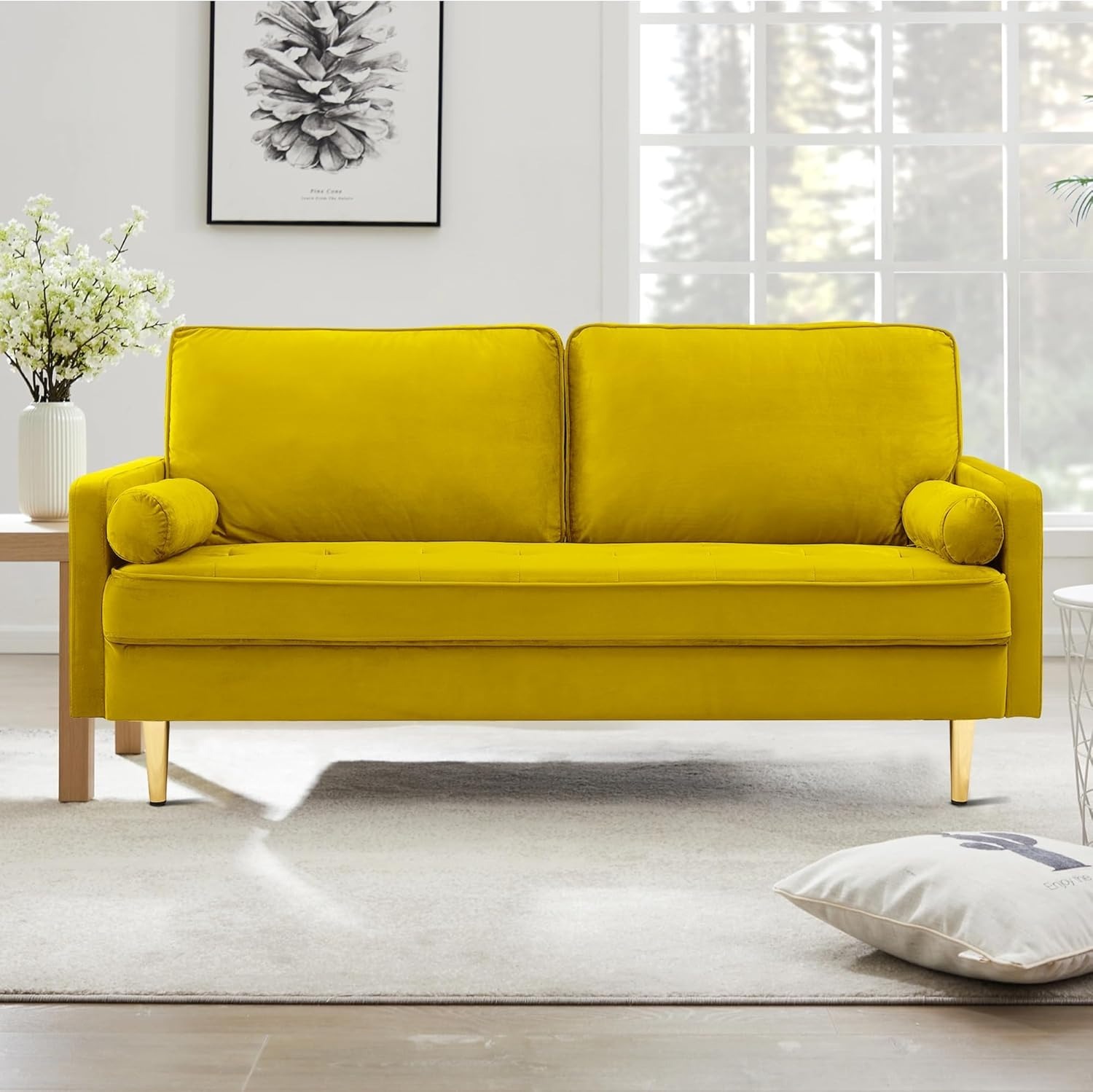 67" LoveSeat Sofa, Love Seat Couch, Mid Century Modern Couchs Velvet Fabric Pull Dot Design Sofas with Two Round Pillows for Small Spaces, Living Room, Dorm, Bedroom, Apartment (67 Navy)