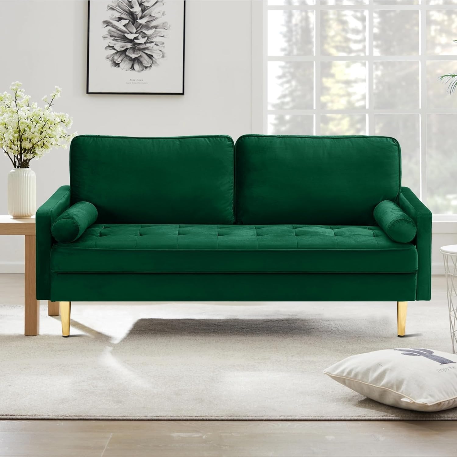 67" LoveSeat Sofa, Love Seat Couch, Mid Century Modern Couchs Velvet Fabric Pull Dot Design Sofas with Two Round Pillows for Small Spaces, Living Room, Dorm, Bedroom, Apartment (67 Navy)