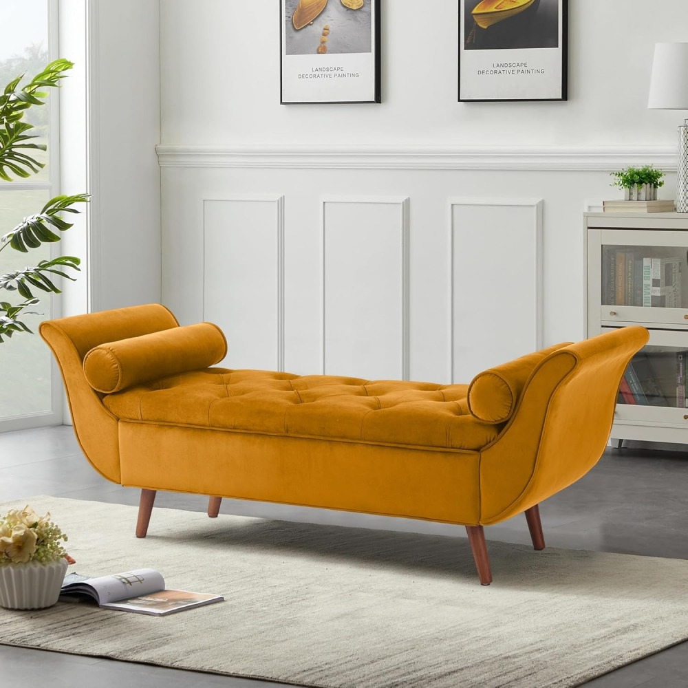 Storage Bench for Bedroom, 65" Velvet End of Bed Bench Button-Tufted Upholstered Storage Ottoman Armed Long Bench Solid Wood Legs 2 Pillows for Entryway Living Room Dining Room