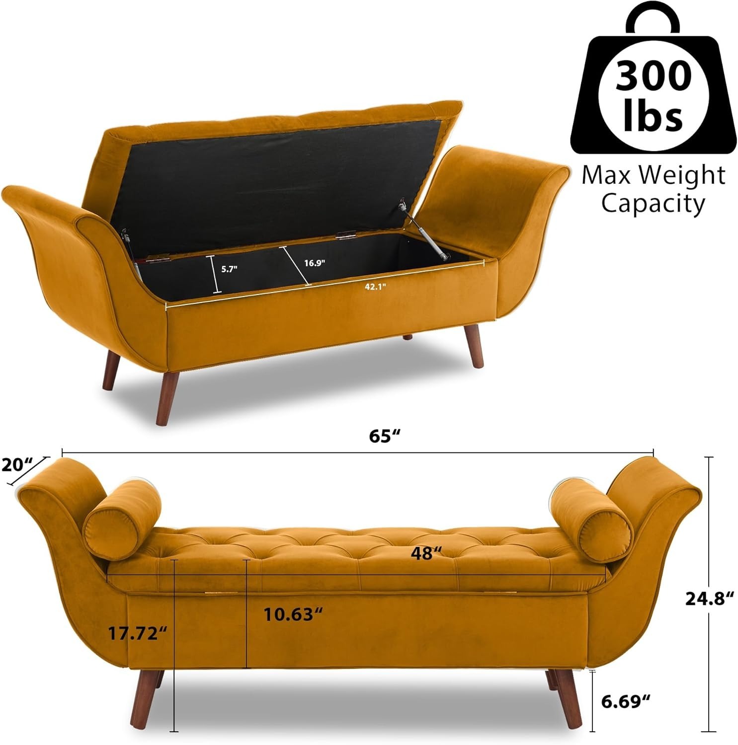 Storage Bench for Bedroom, 65" Velvet End of Bed Bench Button-Tufted Upholstered Storage Ottoman Armed Long Bench Solid Wood Legs 2 Pillows for Entryway Living Room Dining Room