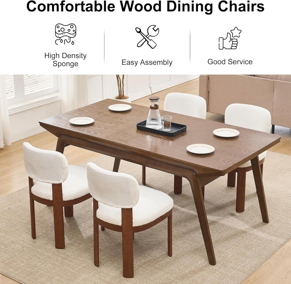 Dining Chairs Set of 2, Teddy Teddy Upholstered Kitchen Chair with Curved Backrest and Solid Wood Legs, Farmhouse Side Chairs for Restaurant Cafe Living Roo