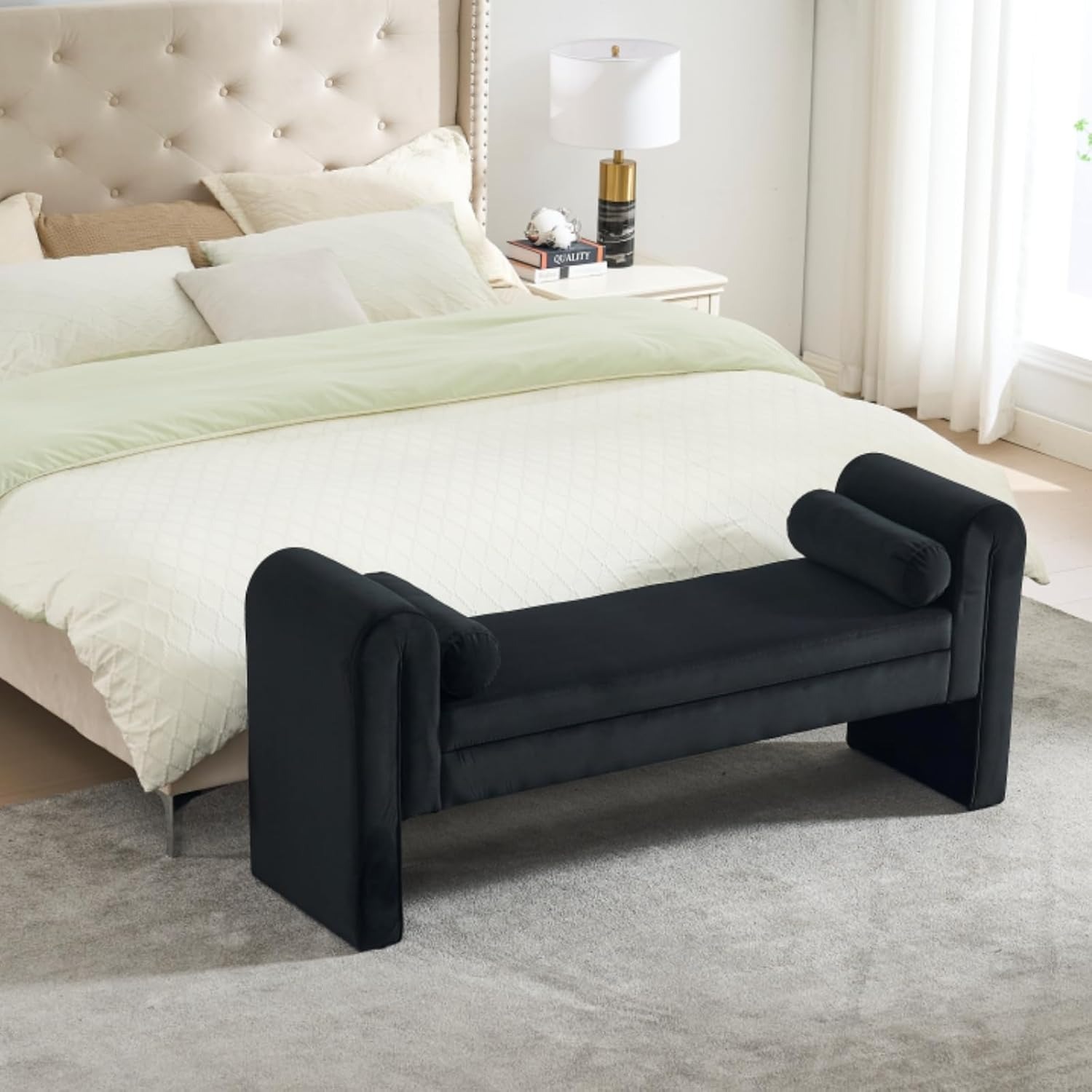 Velvet Bench for Bedroom End of Bed, 60.5- inch Upholstered Button Tufted Ottoman Bench with Rolled Arms, Button-Tufted Ottoman for Living Room, Entryway