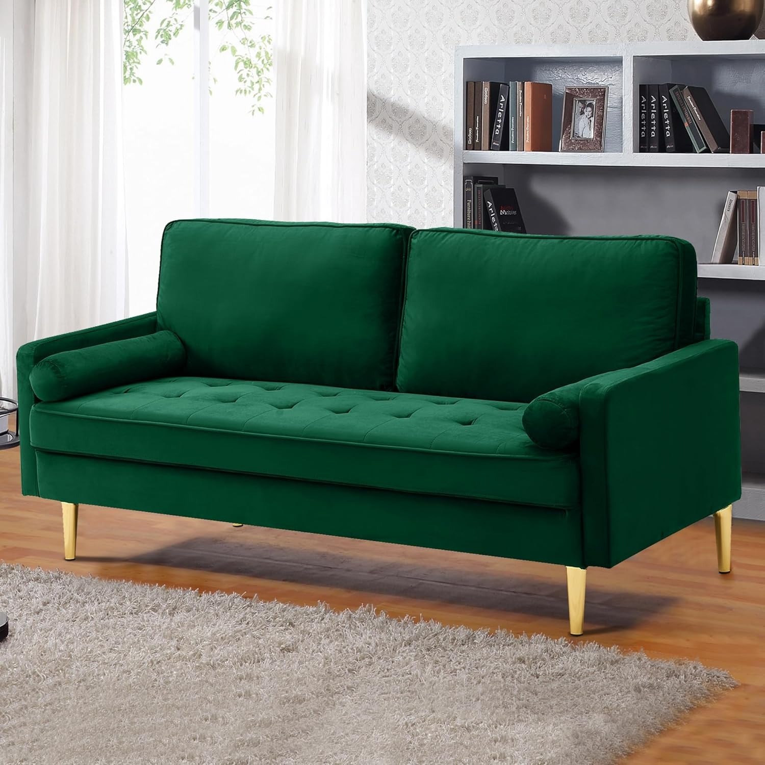 67" LoveSeat Sofa, Love Seat Couch, Mid Century Modern Couchs Velvet Fabric Pull Dot Design Sofas with Two Round Pillows for Small Spaces, Living Room, Dorm, Bedroom, Apartment (67 Navy)