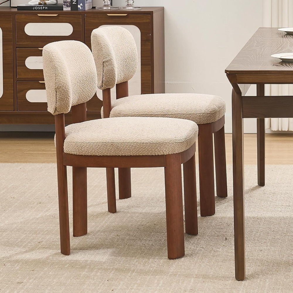 Dining Chairs Set of 2, Teddy Teddy Upholstered Kitchen Chair with Curved Backrest and Solid Wood Legs, Farmhouse Side Chairs for Restaurant Cafe Living Roo