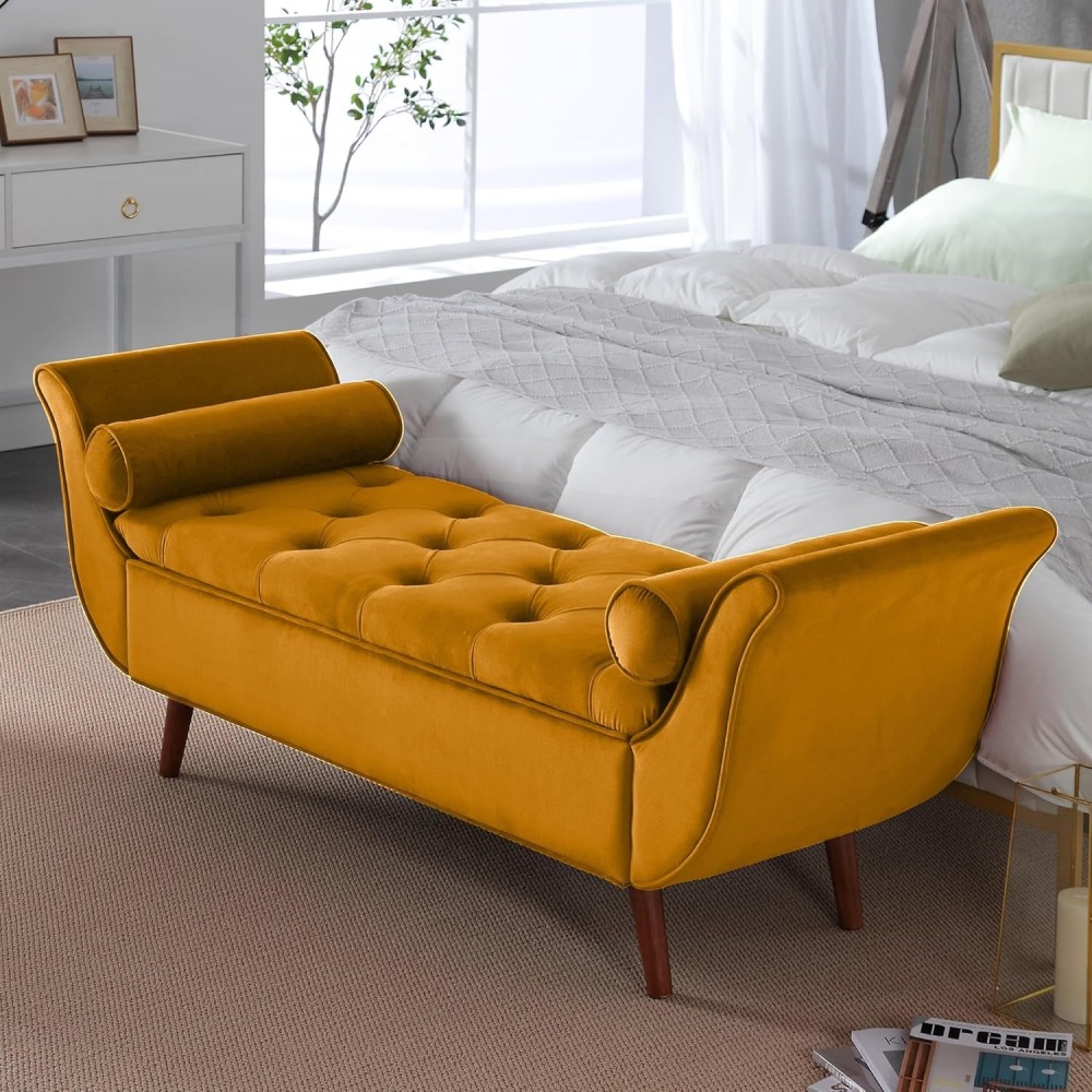 Storage Bench for Bedroom, 65" Velvet End of Bed Bench Button-Tufted Upholstered Storage Ottoman Armed Long Bench Solid Wood Legs 2 Pillows for Entryway Living Room Dining Room