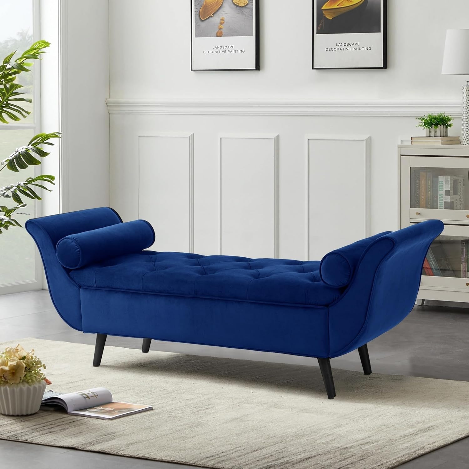 Storage Bench for Bedroom, 65" Velvet End of Bed Bench Button-Tufted Upholstered Storage Ottoman Armed Long Bench Solid Wood Legs 2 Pillows for Entryway Living Room Dining Room (Navy)