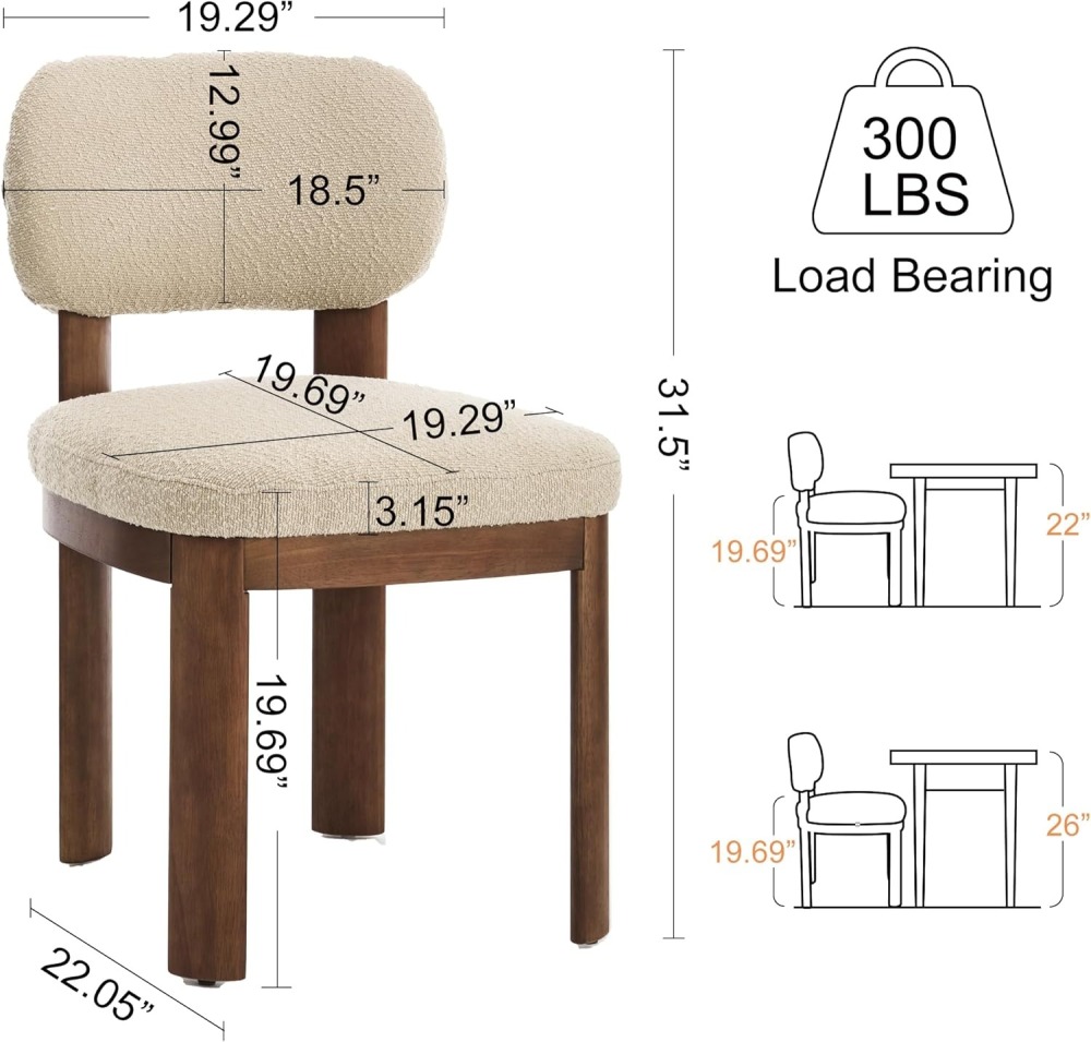 Dining Chairs Set of 2, Teddy Teddy Upholstered Kitchen Chair with Curved Backrest and Solid Wood Legs, Farmhouse Side Chairs for Restaurant Cafe Living Roo