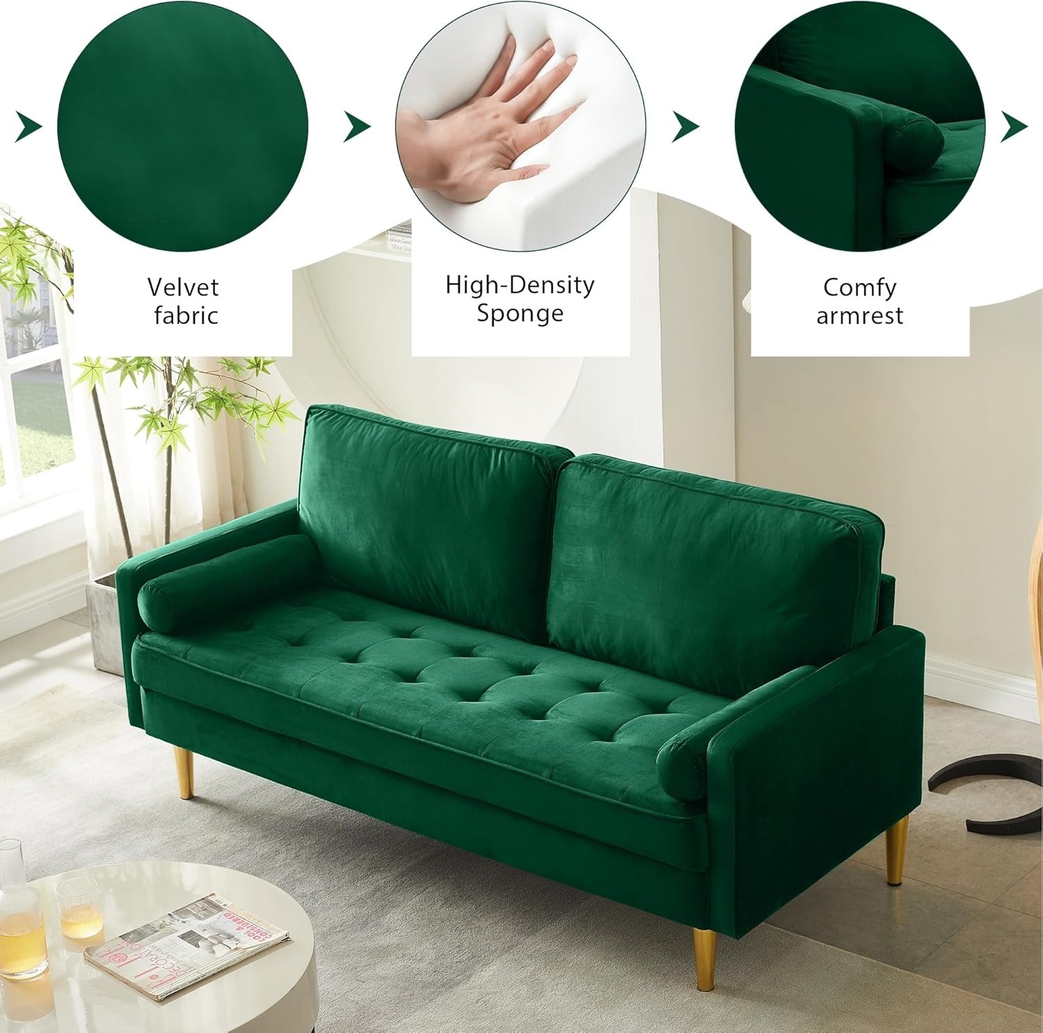 67" LoveSeat Sofa, Love Seat Couch, Mid Century Modern Couchs Velvet Fabric Pull Dot Design Sofas with Two Round Pillows for Small Spaces, Living Room, Dorm, Bedroom, Apartment (67 Navy)