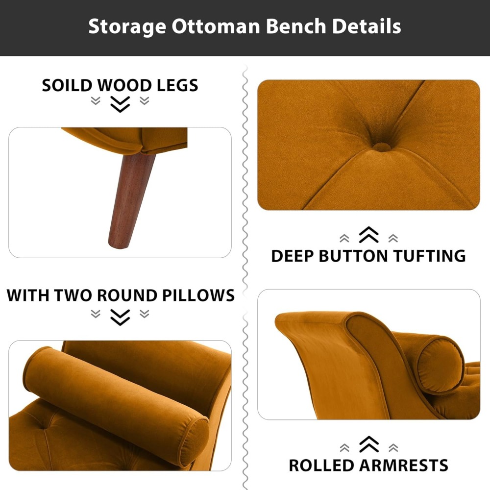 Storage Bench for Bedroom, 65" Velvet End of Bed Bench Button-Tufted Upholstered Storage Ottoman Armed Long Bench Solid Wood Legs 2 Pillows for Entryway Living Room Dining Room