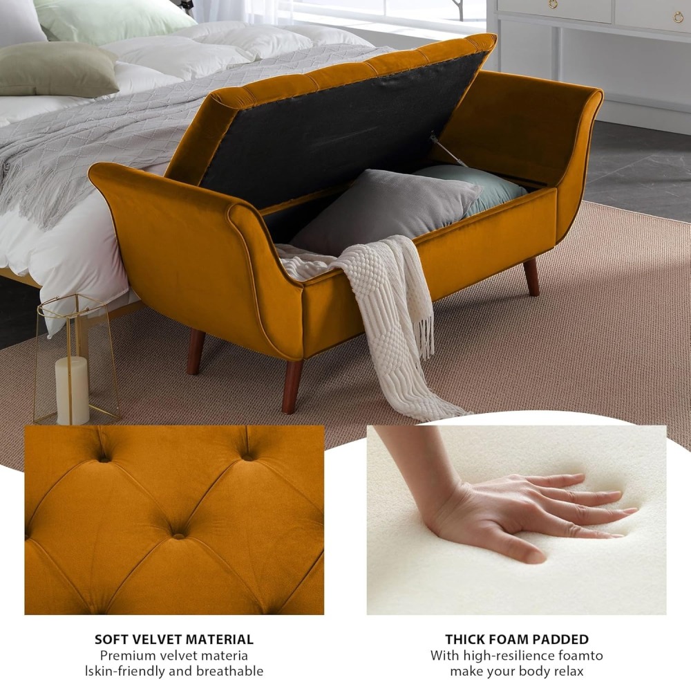 Storage Bench for Bedroom, 65" Velvet End of Bed Bench Button-Tufted Upholstered Storage Ottoman Armed Long Bench Solid Wood Legs 2 Pillows for Entryway Living Room Dining Room