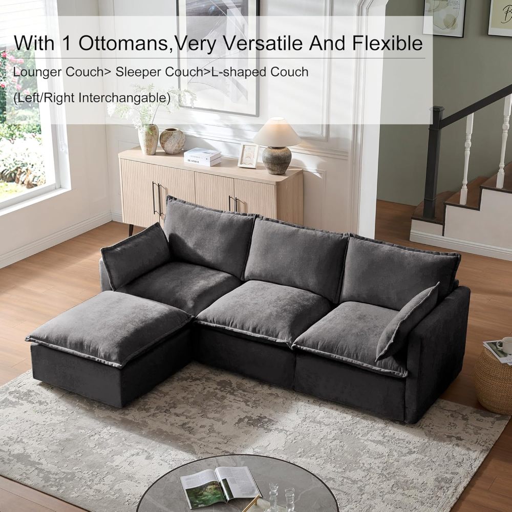 Modular Sectional Sofa, 93.31" L Shaped Couch Set for Living Room 4-Seater Sofa Sectional Couches Deep Seat Sofa with Pillows for Apartment and Office (Grey)