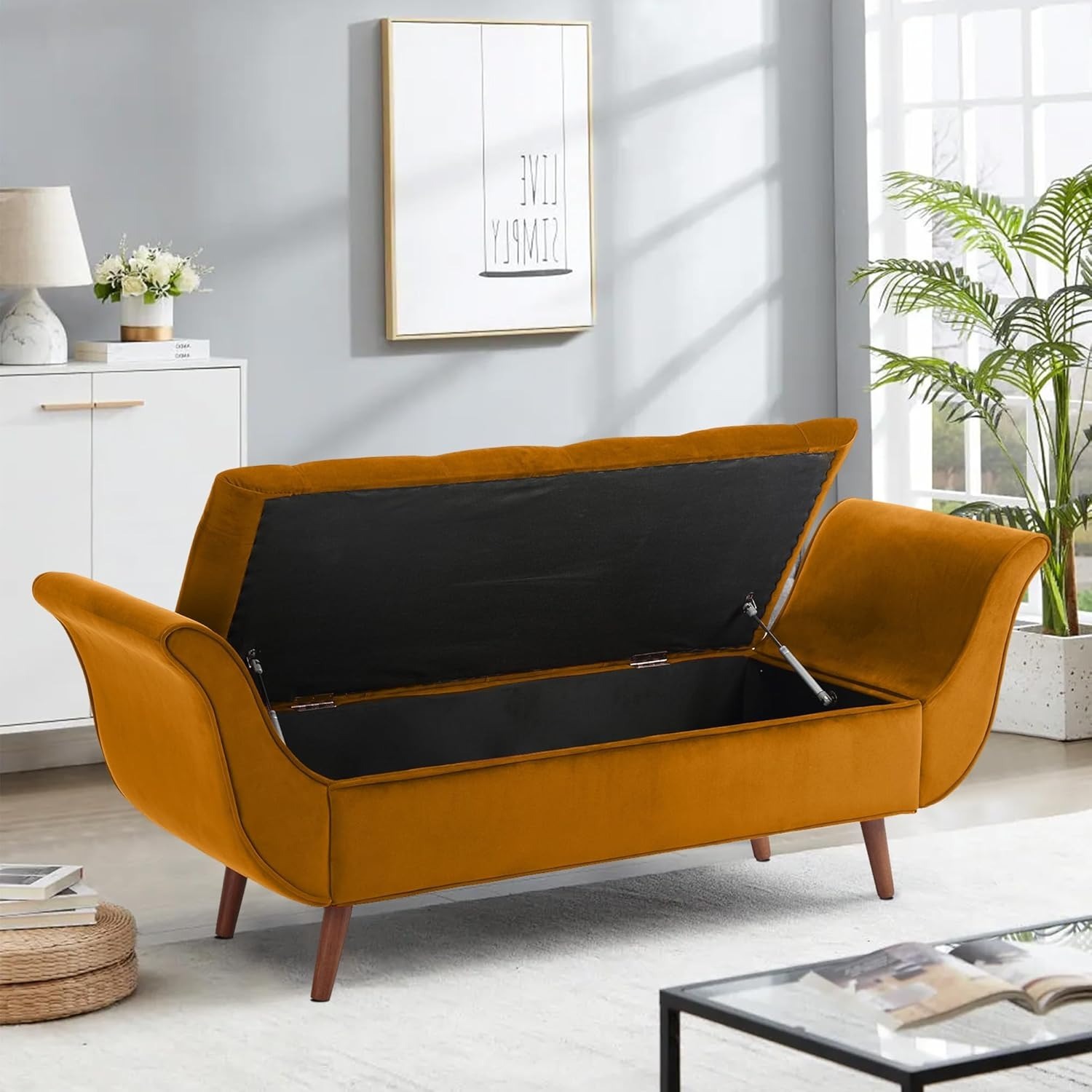 Storage Bench for Bedroom, 65" Velvet End of Bed Bench Button-Tufted Upholstered Storage Ottoman Armed Long Bench Solid Wood Legs 2 Pillows for Entryway Living Room Dining Room