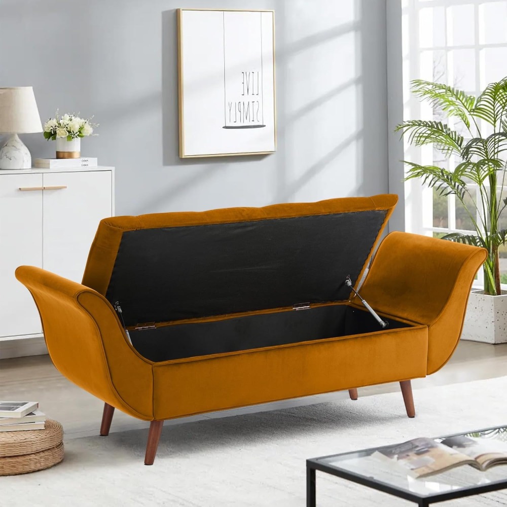 Storage Bench for Bedroom, 65" Velvet End of Bed Bench Button-Tufted Upholstered Storage Ottoman Armed Long Bench Solid Wood Legs 2 Pillows for Entryway Living Room Dining Room