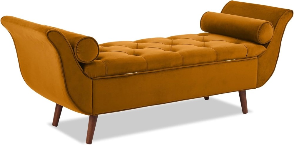 Storage Bench for Bedroom, 65" Velvet End of Bed Bench Button-Tufted Upholstered Storage Ottoman Armed Long Bench Solid Wood Legs 2 Pillows for Entryway Living Room Dining Room