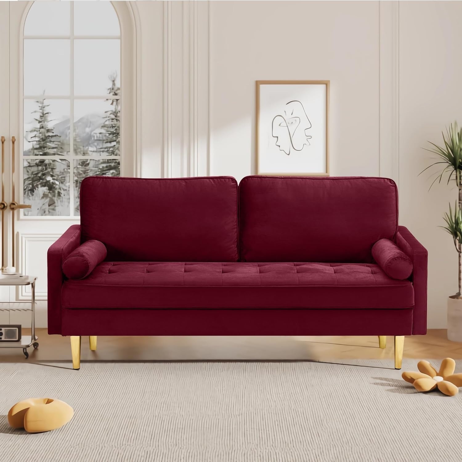 67" LoveSeat Sofa, Love Seat Couch, Mid Century Modern Couchs Velvet Fabric Pull Dot Design Sofas with Two Round Pillows for Small Spaces, Living Room, Dorm, Bedroom, Apartment (67 Navy)
