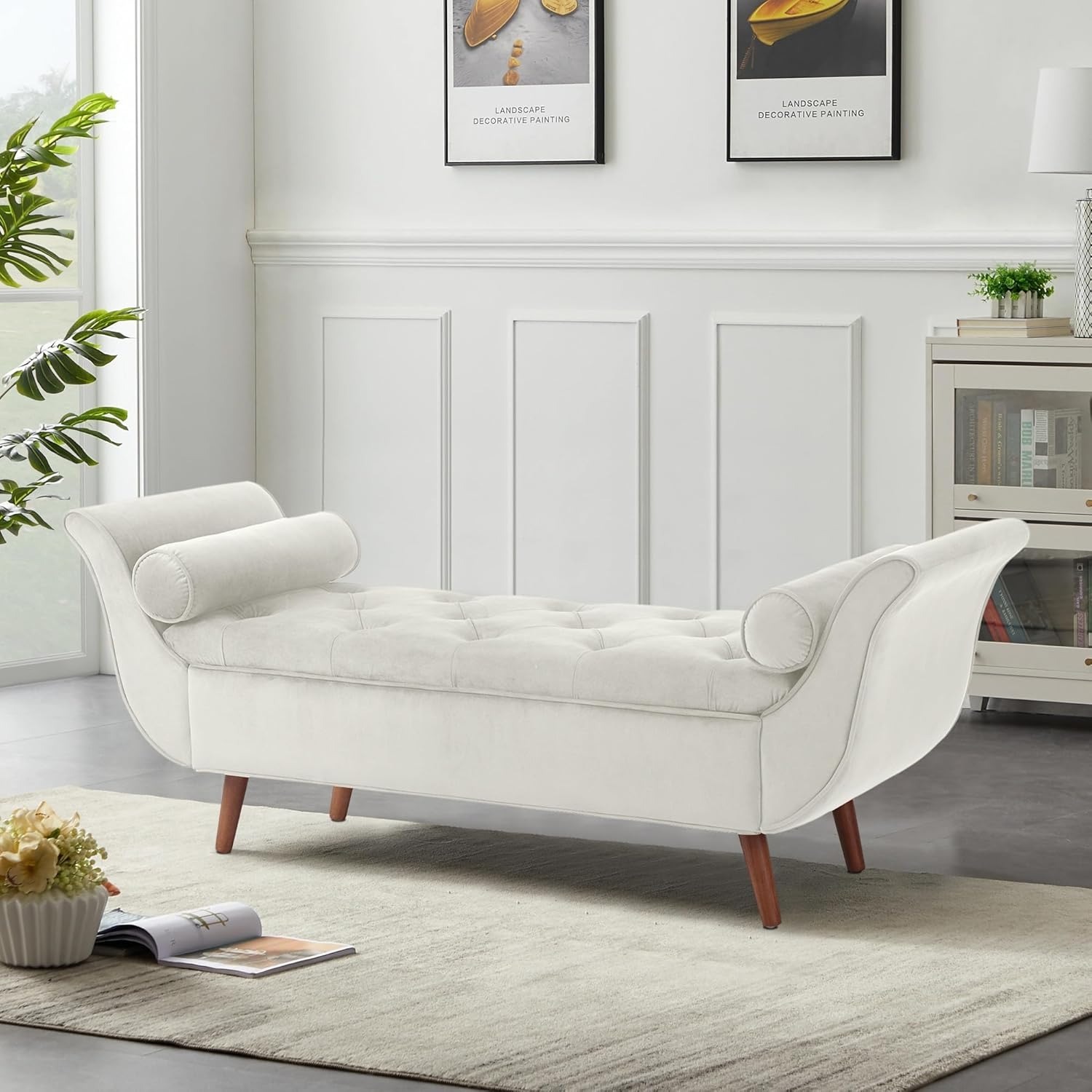 Storage Bench for Bedroom, 65" Velvet End of Bed Bench Button-Tufted Upholstered Storage Ottoman Armed Long Bench Solid Wood Legs 2 Pillows for Entryway Living Room Dining Room