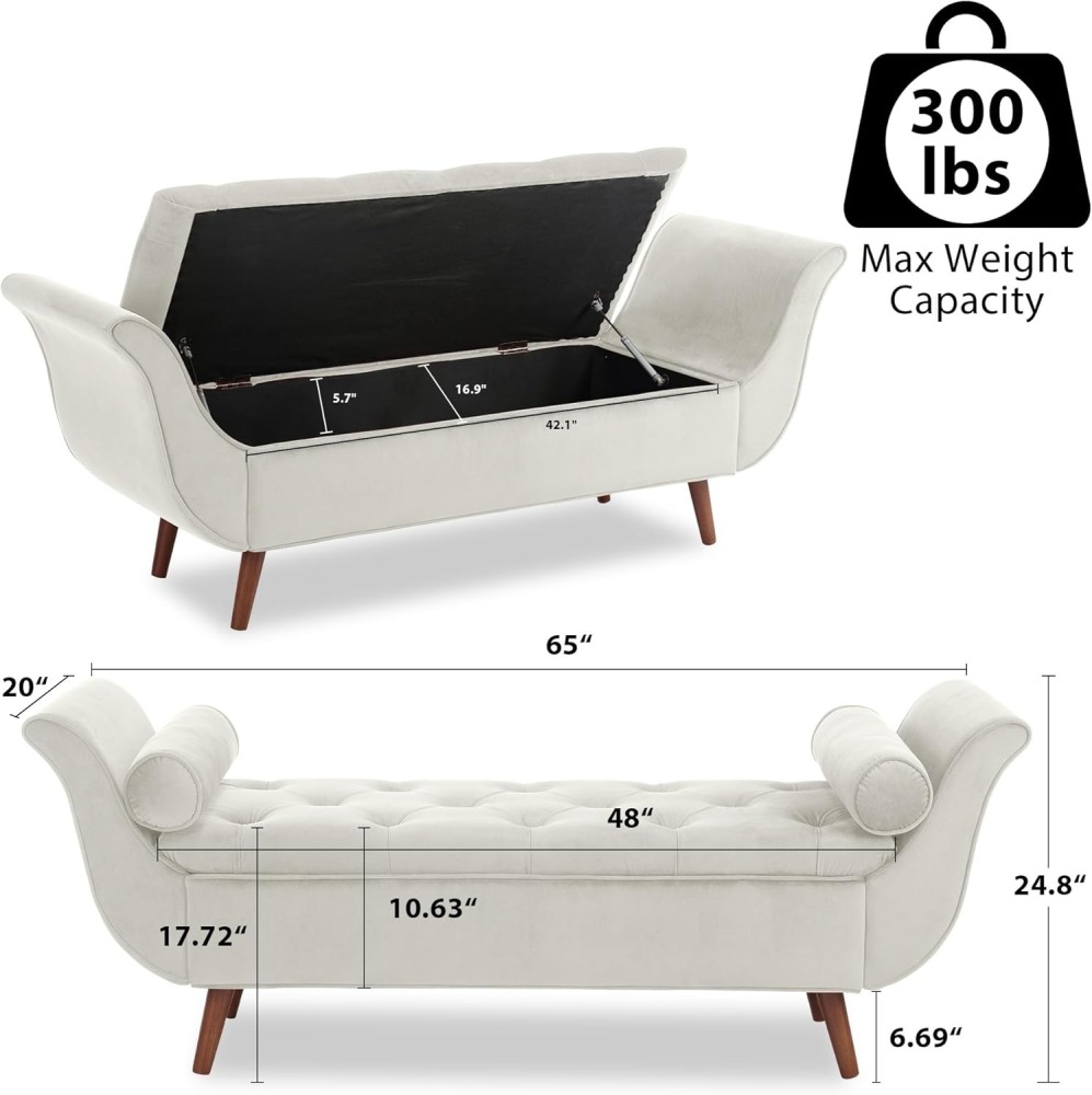 Storage Bench for Bedroom, 65" Velvet End of Bed Bench Button-Tufted Upholstered Storage Ottoman Armed Long Bench Solid Wood Legs 2 Pillows for Entryway Living Room Dining Room