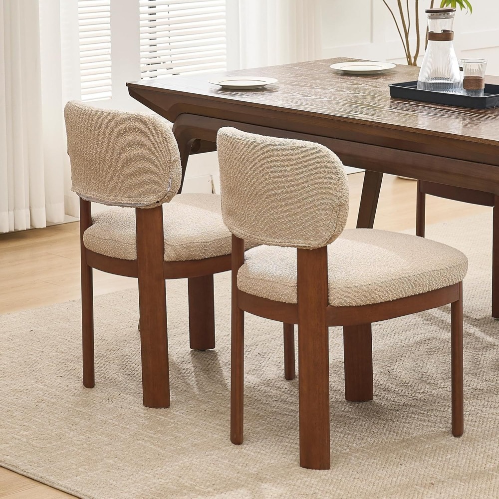 Dining Chairs Set of 2, Teddy Teddy Upholstered Kitchen Chair with Curved Backrest and Solid Wood Legs, Farmhouse Side Chairs for Restaurant Cafe Living Roo