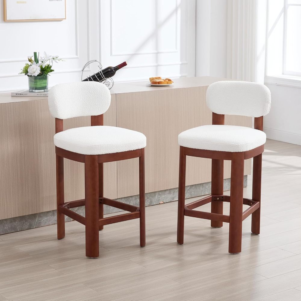 Tall Bar Stools Set of 2, Counter Height Barstools with Back and Wood Legs, Mid Century Modern Bar Chair Island Stool Teddy Fabric for Kitchen Dinner Room (White+Brown Legs)