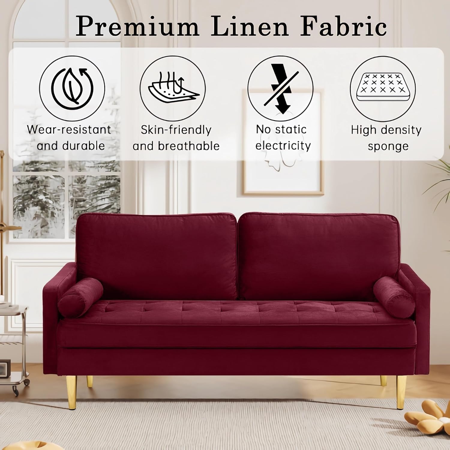 67" LoveSeat Sofa, Love Seat Couch, Mid Century Modern Couchs Velvet Fabric Pull Dot Design Sofas with Two Round Pillows for Small Spaces, Living Room, Dorm, Bedroom, Apartment (67 Navy)