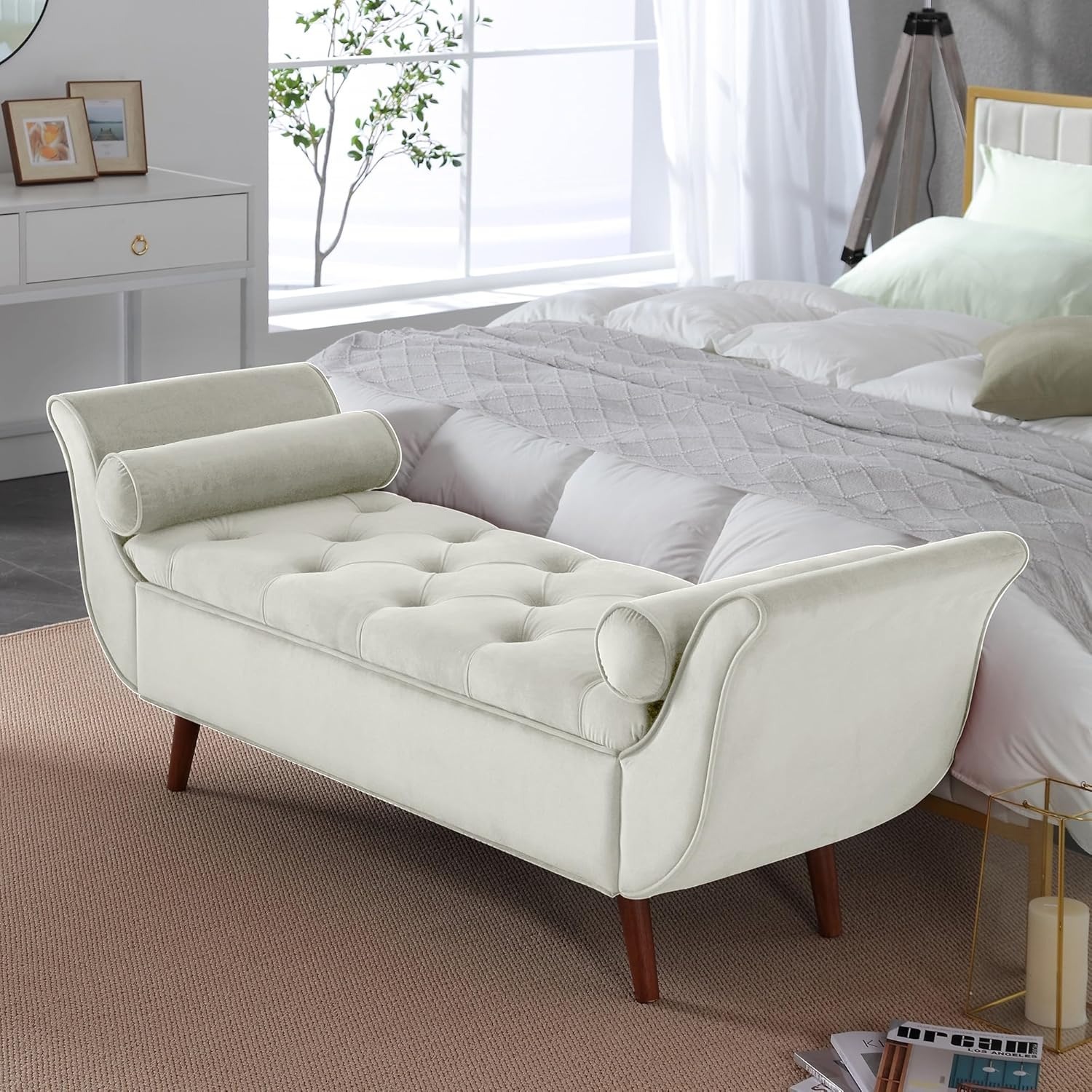 Storage Bench for Bedroom, 65" Velvet End of Bed Bench Button-Tufted Upholstered Storage Ottoman Armed Long Bench Solid Wood Legs 2 Pillows for Entryway Living Room Dining Room