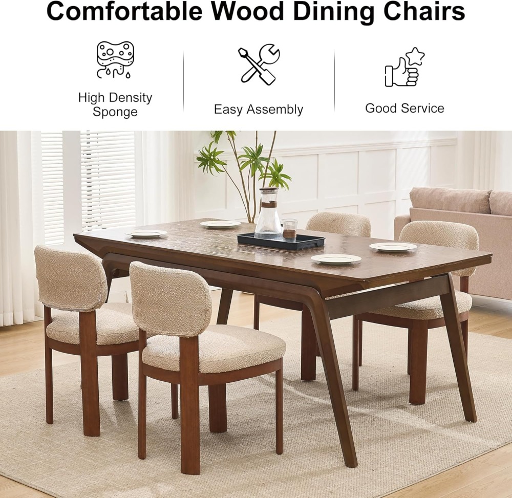 Dining Chairs Set of 2, Teddy Teddy Upholstered Kitchen Chair with Curved Backrest and Solid Wood Legs, Farmhouse Side Chairs for Restaurant Cafe Living Roo