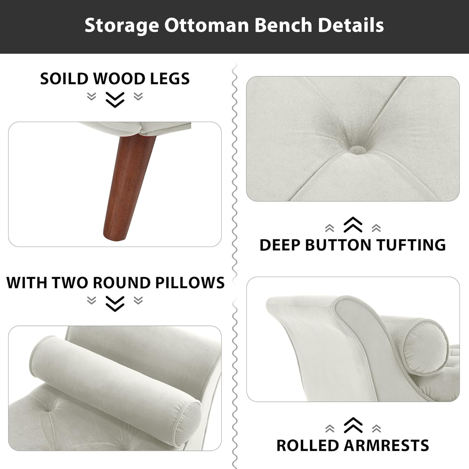 Storage Bench for Bedroom, 65" Velvet End of Bed Bench Button-Tufted Upholstered Storage Ottoman Armed Long Bench Solid Wood Legs 2 Pillows for Entryway Living Room Dining Room