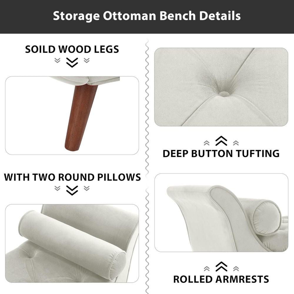Storage Bench for Bedroom, 65" Velvet End of Bed Bench Button-Tufted Upholstered Storage Ottoman Armed Long Bench Solid Wood Legs 2 Pillows for Entryway Living Room Dining Room