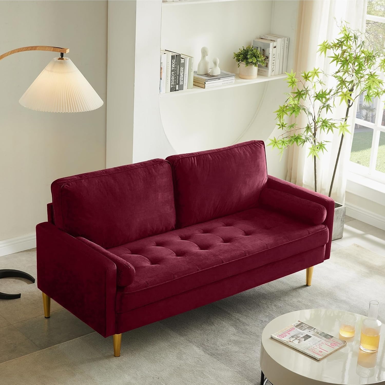 67" LoveSeat Sofa, Love Seat Couch, Mid Century Modern Couchs Velvet Fabric Pull Dot Design Sofas with Two Round Pillows for Small Spaces, Living Room, Dorm, Bedroom, Apartment (67 Navy)