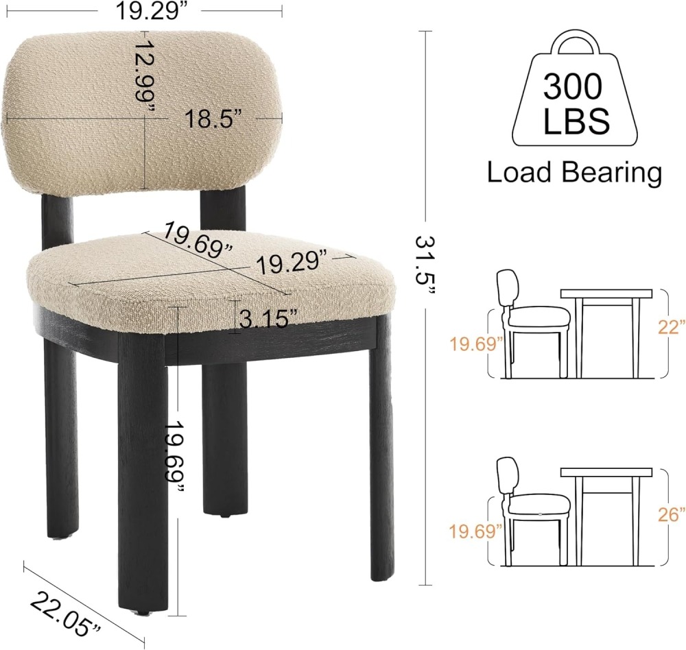 Dining Chairs Set of 2, Teddy Teddy Upholstered Kitchen Chair with Curved Backrest and Solid Wood Legs, Farmhouse Side Chairs for Restaurant Cafe Living Roo