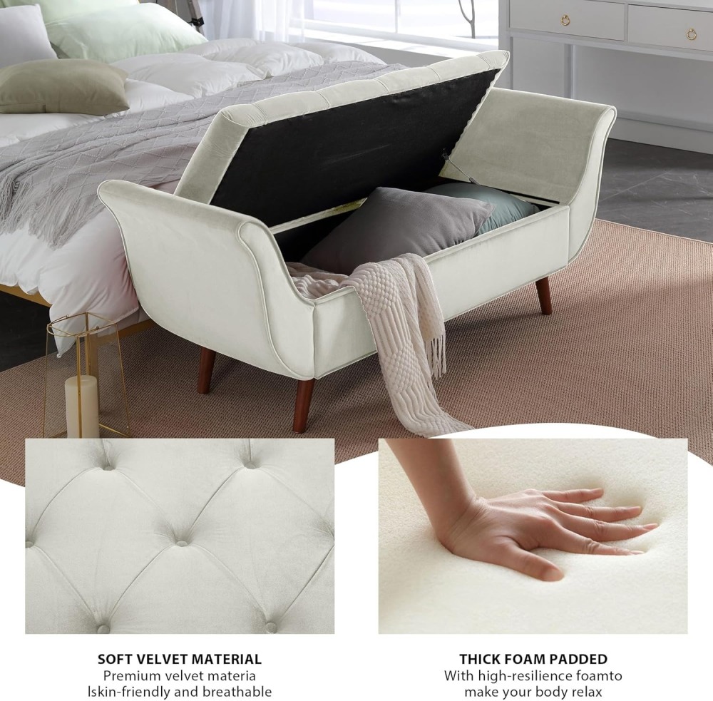 Storage Bench for Bedroom, 65" Velvet End of Bed Bench Button-Tufted Upholstered Storage Ottoman Armed Long Bench Solid Wood Legs 2 Pillows for Entryway Living Room Dining Room