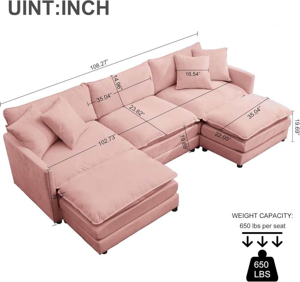 Modular Convertible Sectional Couch, 5 Seat U Shaped Couch Sofa Reversible Chaise Sectional Sofa Deep Seat Cloud Couch Chenille for Home, Apartment, Dorm