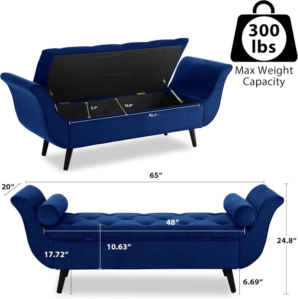 Storage Bench for Bedroom, 65" Velvet End of Bed Bench Button-Tufted Upholstered Storage Ottoman Armed Long Bench Solid Wood Legs 2 Pillows for Entryway Living Room Dining Room