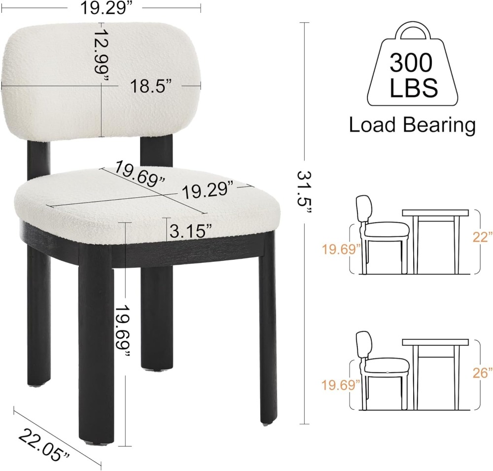 Dining Chairs Set of 2, Teddy Teddy Upholstered Kitchen Chair with Curved Backrest and Solid Wood Legs, Farmhouse Side Chairs for Restaurant Cafe Living Roo