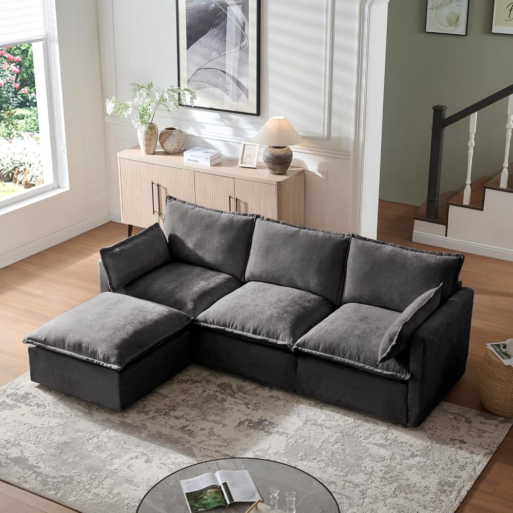 Modular Sectional Sofa, 93.31" L Shaped Couch Set for Living Room 4-Seater Sofa Sectional Couches Deep Seat Sofa with Pillows for Apartment and Office (Grey)