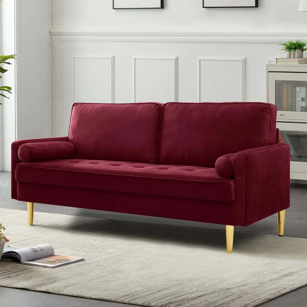 67" LoveSeat Sofa, Love Seat Couch, Mid Century Modern Couchs Velvet Fabric Pull Dot Design Sofas with Two Round Pillows for Small Spaces, Living Room, Dorm, Bedroom, Apartment (67 Navy)