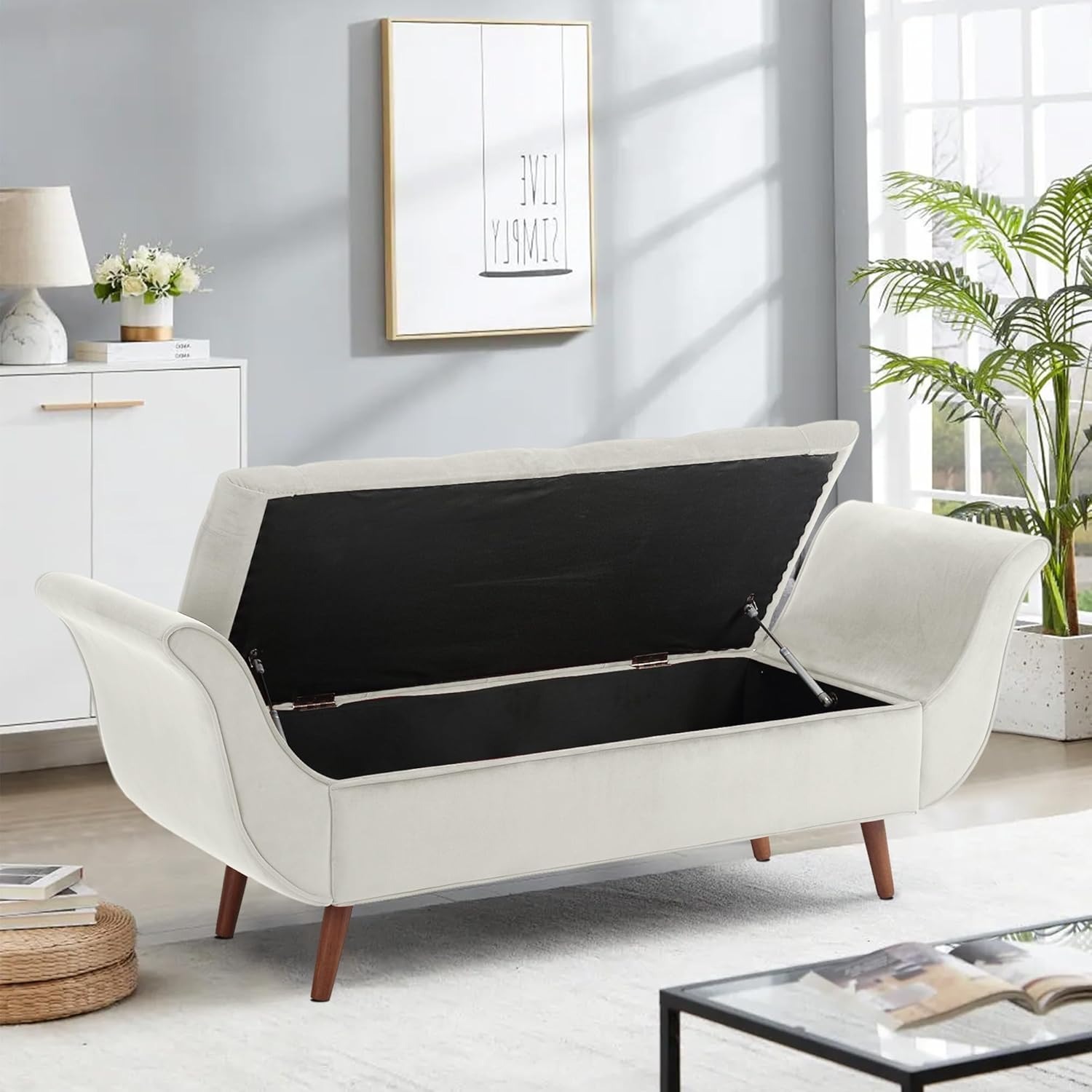 Storage Bench for Bedroom, 65" Velvet End of Bed Bench Button-Tufted Upholstered Storage Ottoman Armed Long Bench Solid Wood Legs 2 Pillows for Entryway Living Room Dining Room