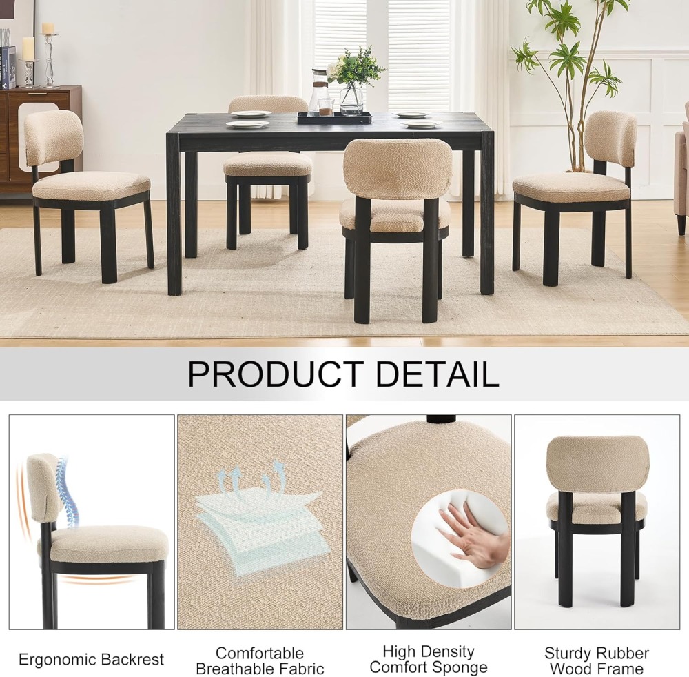 Dining Chairs Set of 2, Teddy Teddy Upholstered Kitchen Chair with Curved Backrest and Solid Wood Legs, Farmhouse Side Chairs for Restaurant Cafe Living Roo