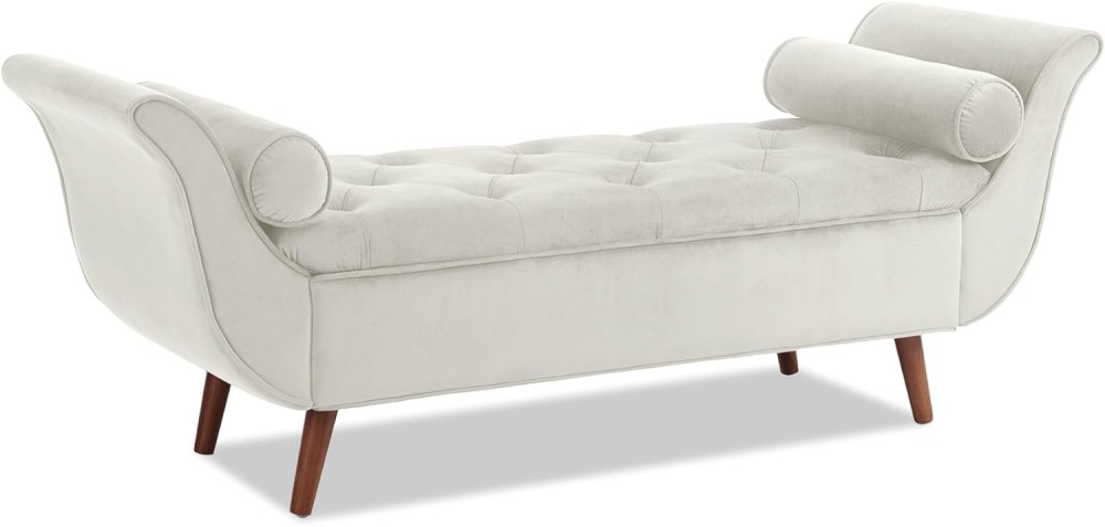 Storage Bench for Bedroom, 65" Velvet End of Bed Bench Button-Tufted Upholstered Storage Ottoman Armed Long Bench Solid Wood Legs 2 Pillows for Entryway Living Room Dining Room