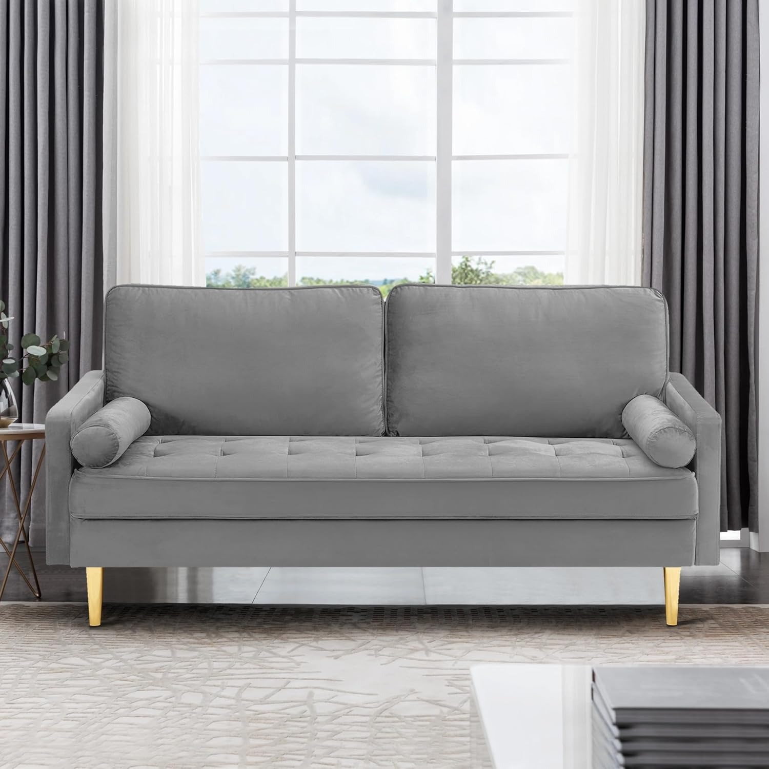 67" LoveSeat Sofa, Love Seat Couch, Mid Century Modern Couchs Velvet Fabric Pull Dot Design Sofas with Two Round Pillows for Small Spaces, Living Room, Dorm, Bedroom, Apartment (67 Navy)