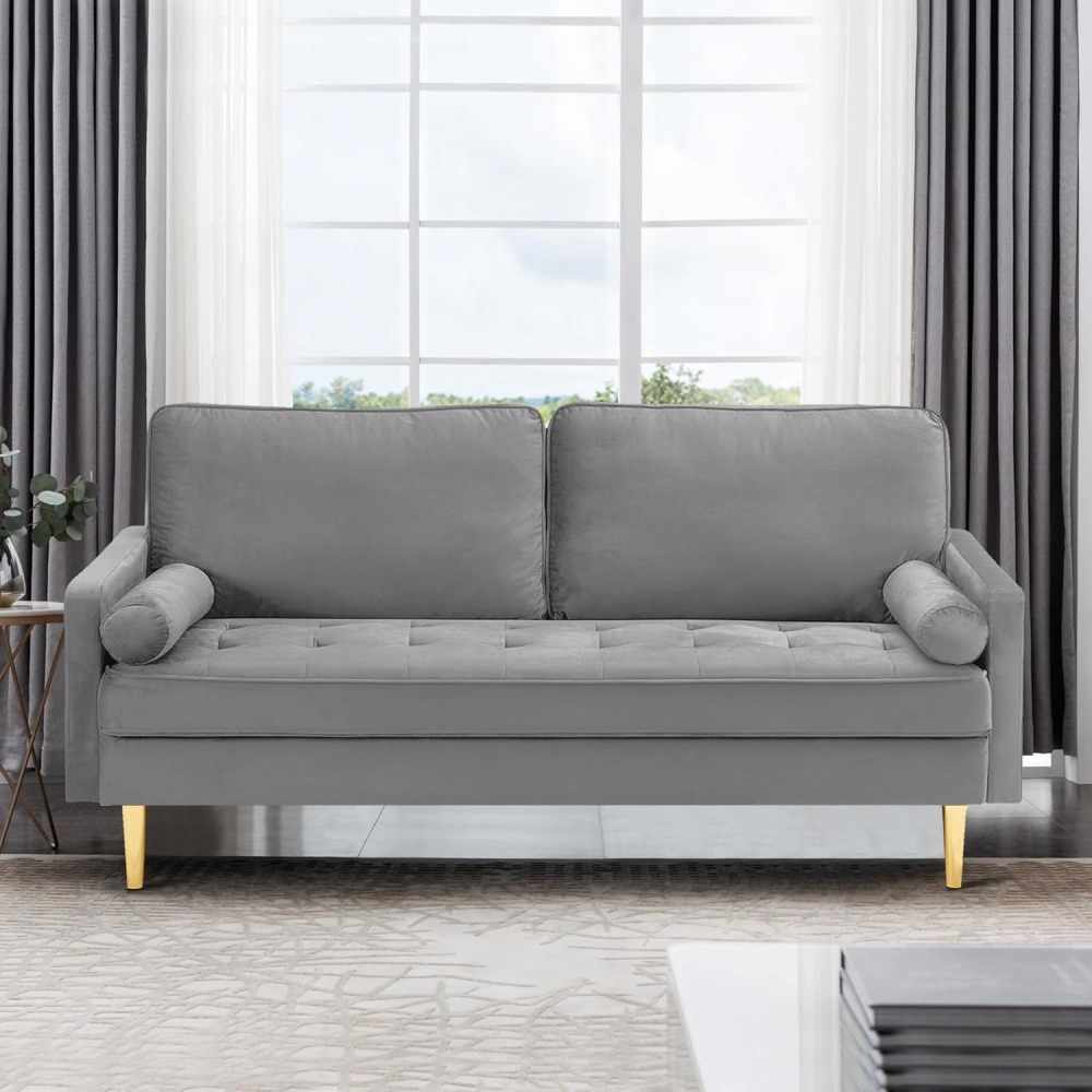 67" LoveSeat Sofa, Love Seat Couch, Mid Century Modern Couchs Velvet Fabric Pull Dot Design Sofas with Two Round Pillows for Small Spaces, Living Room, Dorm, Bedroom, Apartment (67 Navy)