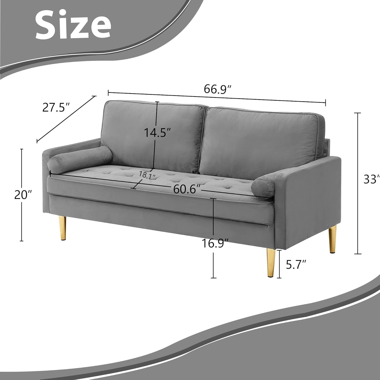 67" LoveSeat Sofa, Love Seat Couch, Mid Century Modern Couchs Velvet Fabric Pull Dot Design Sofas with Two Round Pillows for Small Spaces, Living Room, Dorm, Bedroom, Apartment (67 Navy)