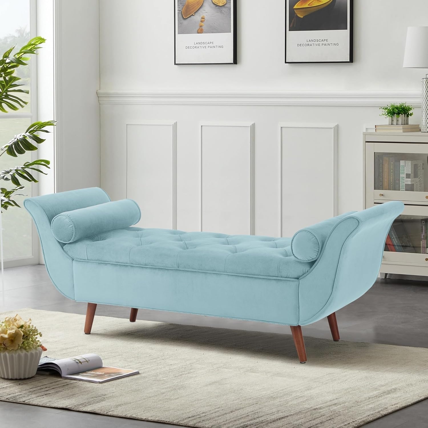 Storage Bench for Bedroom, 65" Velvet End of Bed Bench Button-Tufted Upholstered Storage Ottoman Armed Long Bench Solid Wood Legs 2 Pillows for Entryway Living Room Dining Room