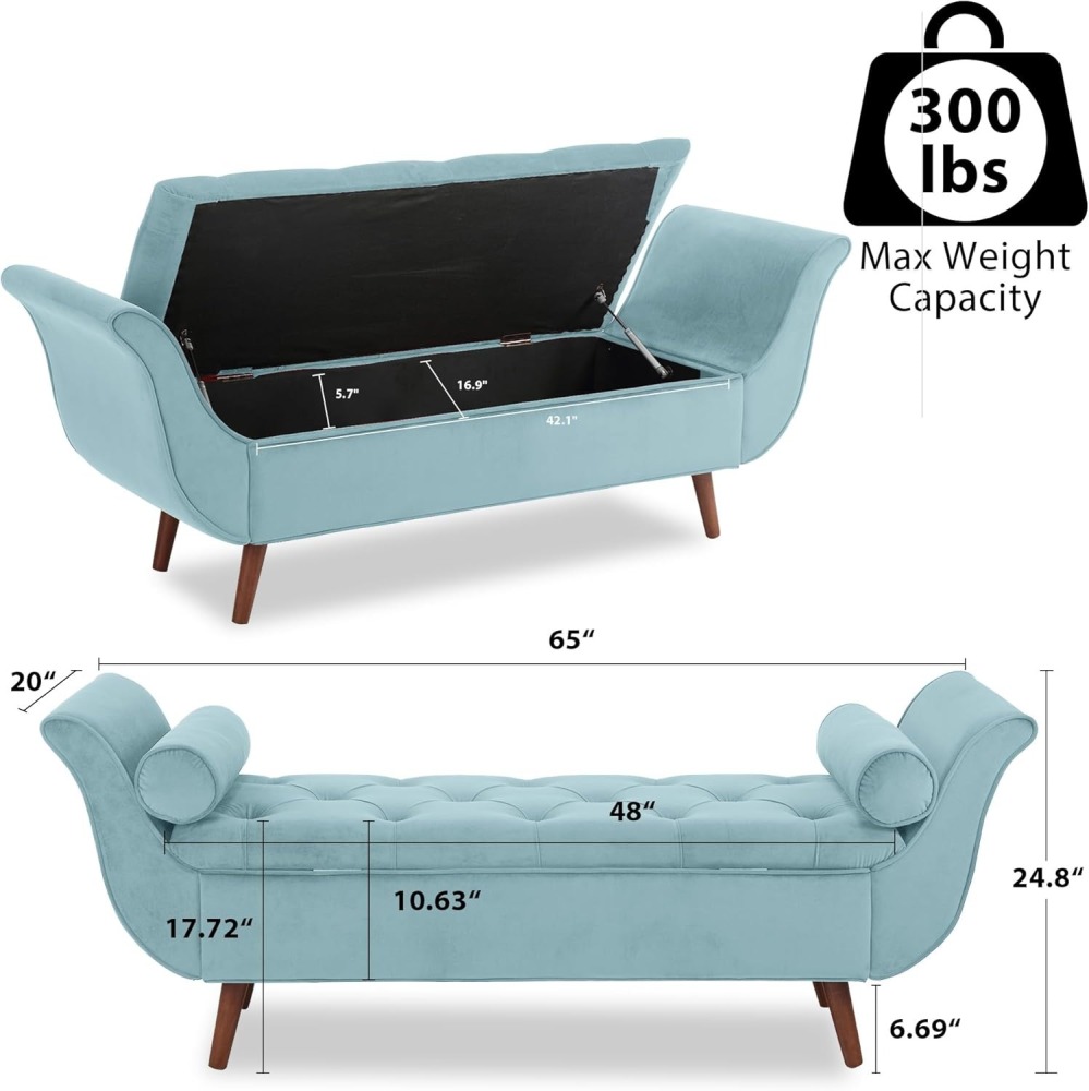 Storage Bench for Bedroom, 65" Velvet End of Bed Bench Button-Tufted Upholstered Storage Ottoman Armed Long Bench Solid Wood Legs 2 Pillows for Entryway Living Room Dining Room