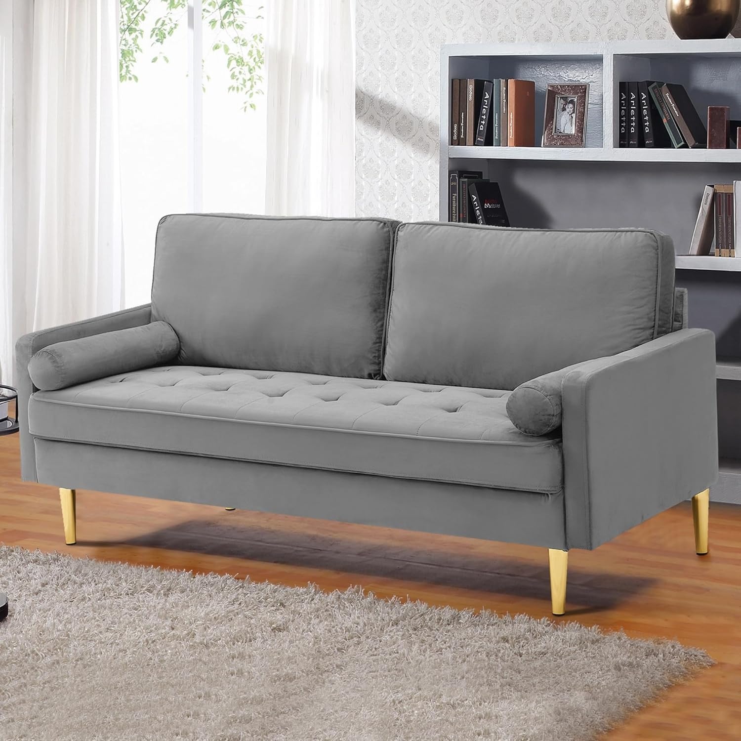 67" LoveSeat Sofa, Love Seat Couch, Mid Century Modern Couchs Velvet Fabric Pull Dot Design Sofas with Two Round Pillows for Small Spaces, Living Room, Dorm, Bedroom, Apartment (67 Navy)